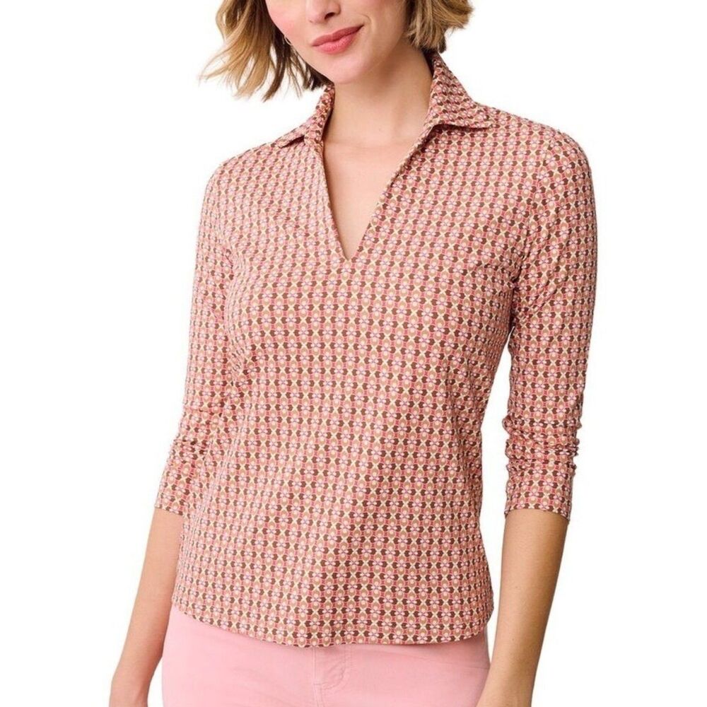 J. Mclaughlin Catalina Cloth Aida 3/4 Sleeve Printed Blouse - Coral/Brown M